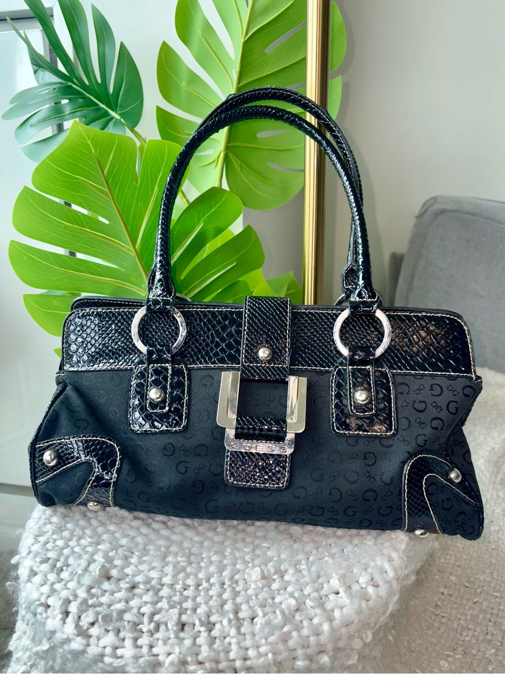 Vintage Y2K GUESS Black Monogram Croc Buckle Satchel Shoulder Bag Purse McBling